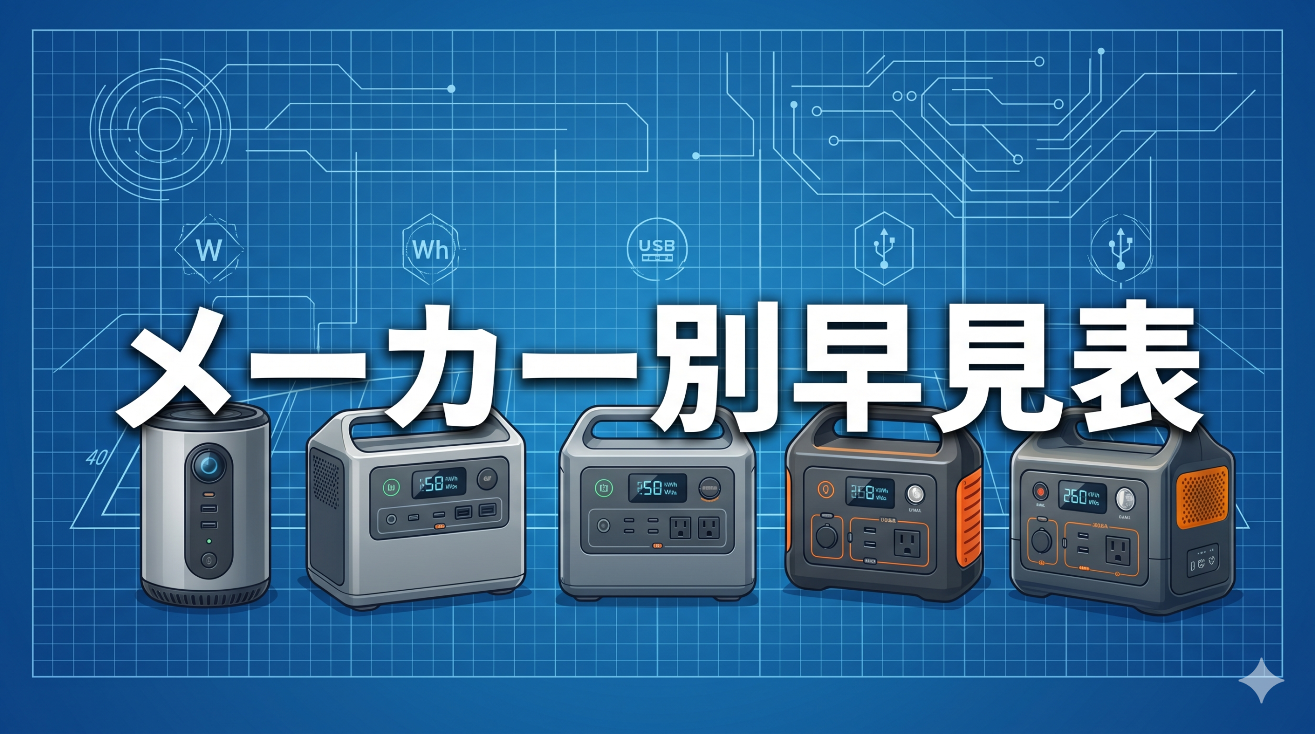 青色の回路図風バックグラウンドに様々なメーカーのポータブル電源が5台並び、「メーカー別早見表」という文字が中央に大きく書かれたアイキャッチ画像