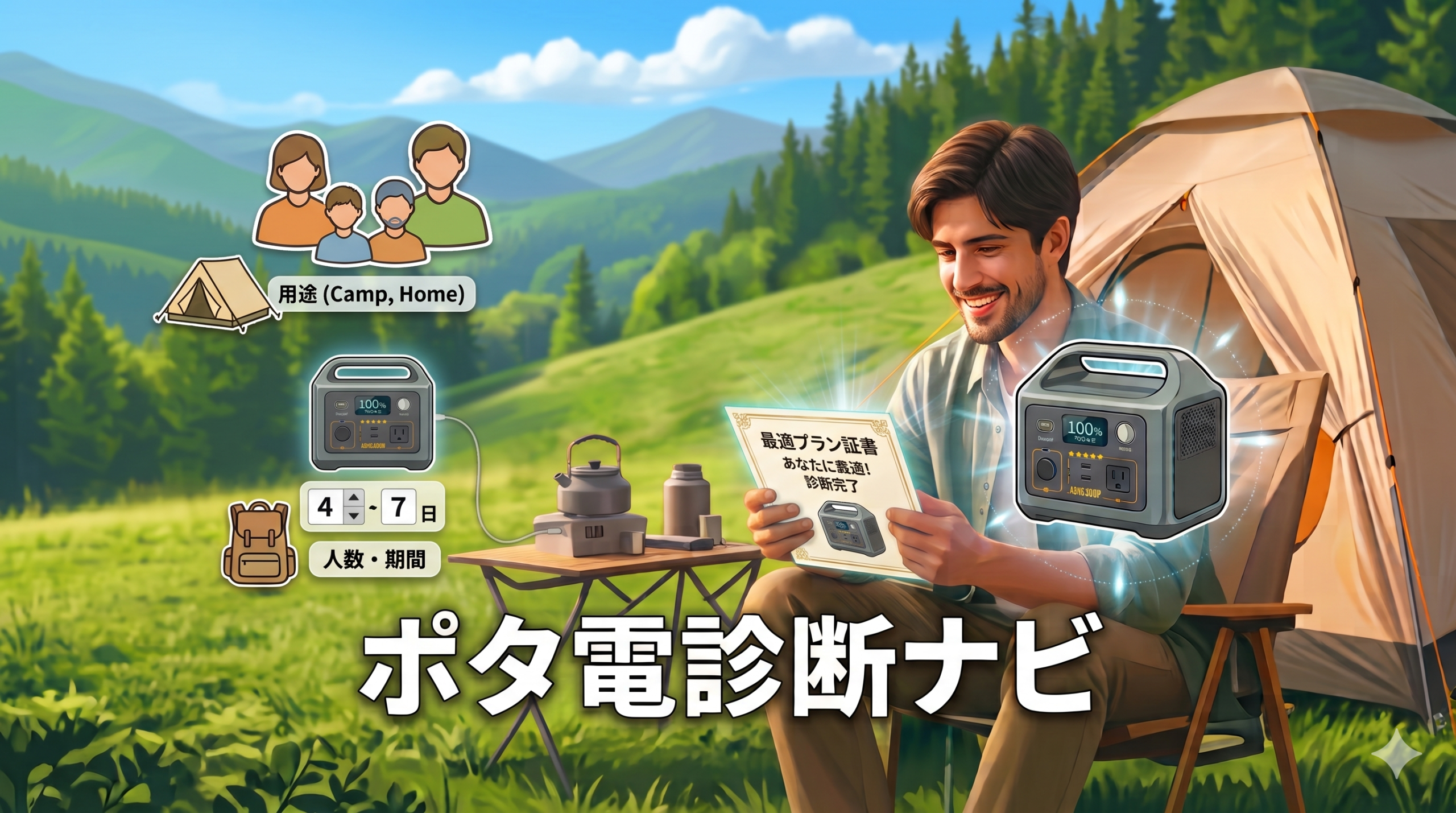 キャンプ場で男性が「最適プラン証書」を見ながら笑顔で椅子に座っており、手元にポータブル電源、背景にテントや山々が描かれ、「ポタ電診断ナビ」という文字が入ったアイキャッチ画像