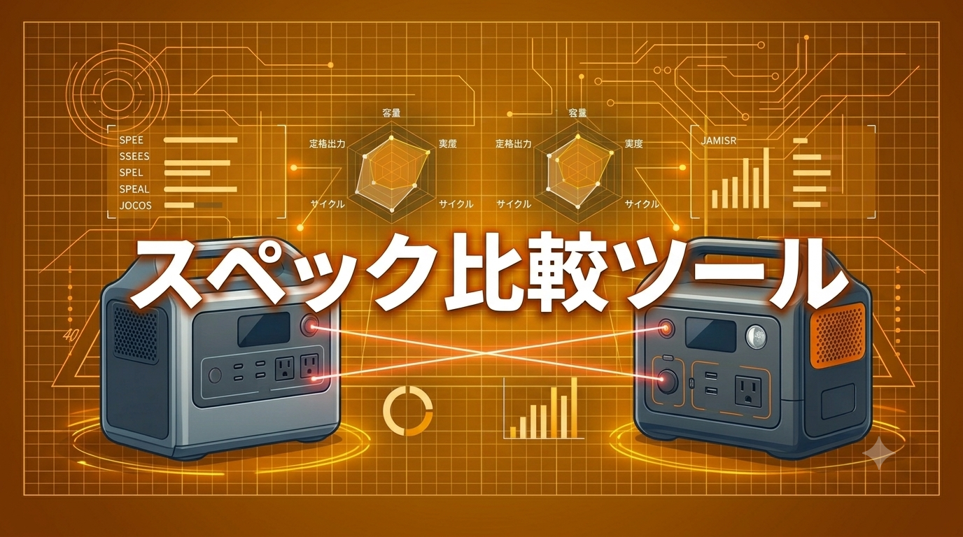 オレンジ色のサイバー風バックグラウンドに2台のポータブル電源が並び、「スペック比較ツール」という文字が中央に大きく書かれたアイキャッチ画像