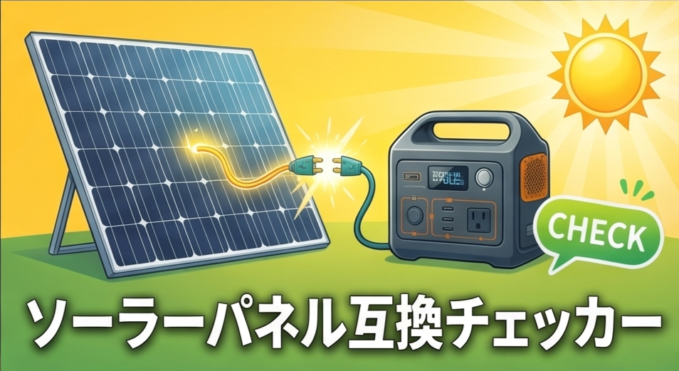 太陽の光が降り注ぐ中、ソーラーパネルとポータブル電源のケーブルが接続されようとしているイラストに、「ソーラーパネル互換チェッカー」という文字と「CHECK」の吹き出しが入ったアイキャッチ画像